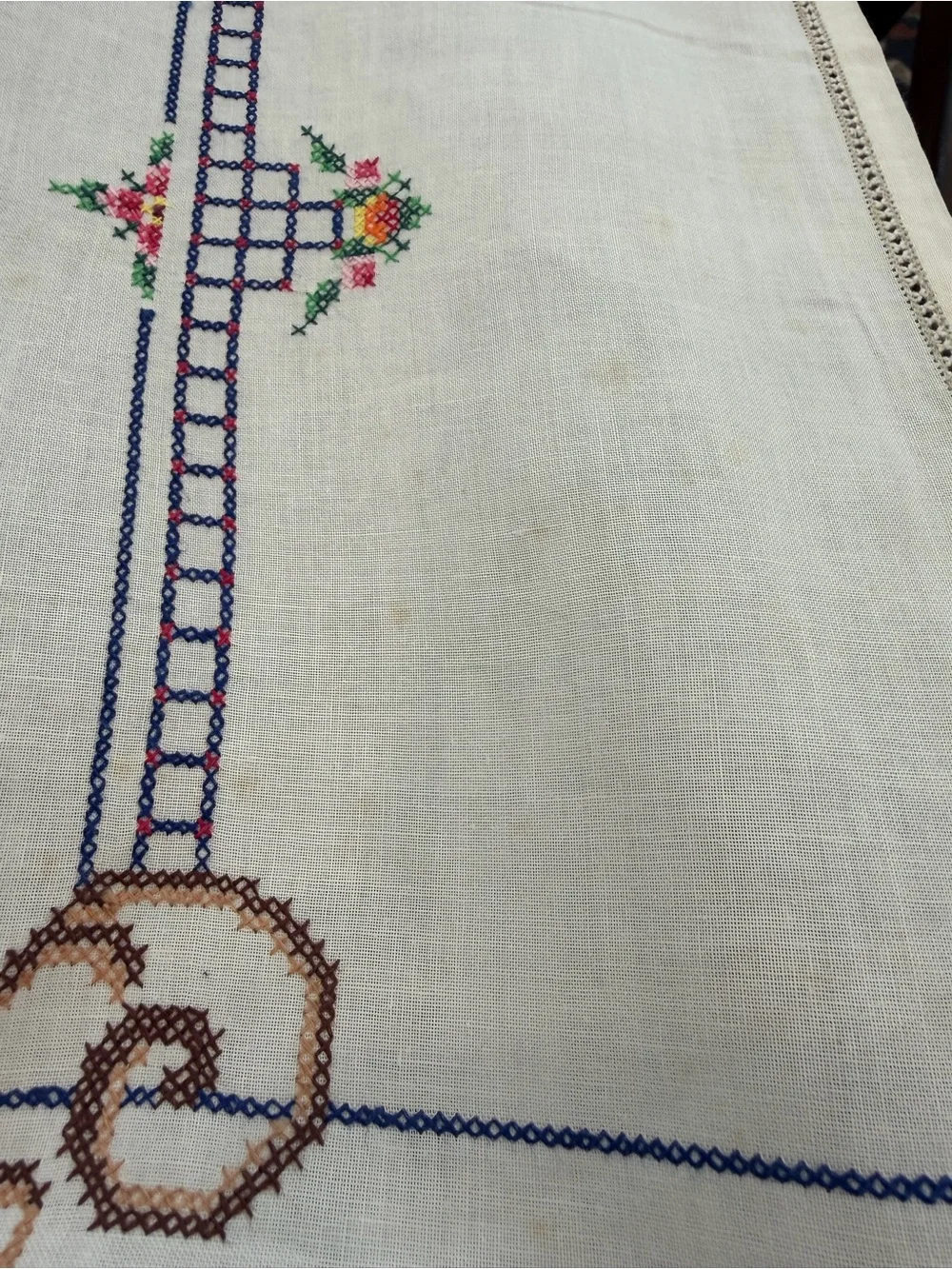 Vintage ecru cross stitch linen large tablecloth 100”x64” W/12 Napkins handmade